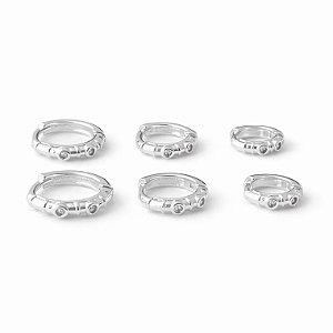 Trio de argolas tipo bambu com pontos de luz em banho de prata silver