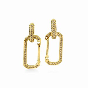 Argola cravejada com pingente retangular em banho de ouro 18k