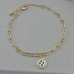 Pulseira elos com circulo cravejado de trevo quatro folhas em banho de ouro 18k