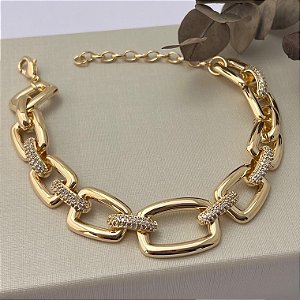 Pulseira de elos lisos e elos cravejados grande em banho de ouro 18k