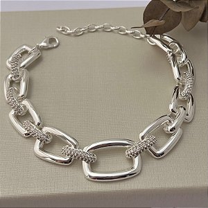 Pulseira de elos lisos e elos cravejados grande em banho de prata silver