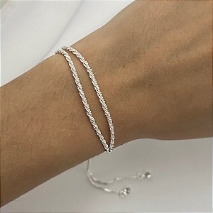 Pulseira dupla malha com fecho gravata em banho de prata silver
