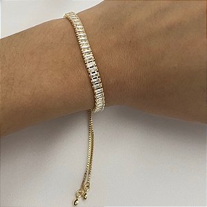 Pulseira Riviera baguete fecho gravata em banho de ouro 18k