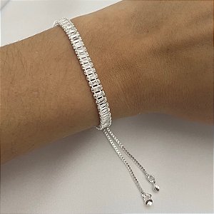 Pulseira Riviera baguete fecho gravata em banho de prata silver