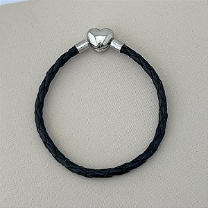 Pulseira courinho inspiração vivara preta fecho banhado em rhodium branco