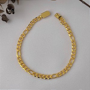 Pulseira masculina de elos grumet intercalados GG com fecho relógio em banho de ouro 18k