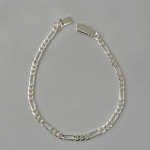 Pulseira masculina de elos grumet intercalados M com fecho relógio em banho de prata silver