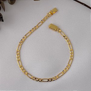 Pulseira masculina de elos grumet intercalados G com fecho relógio em banho de ouro 18k