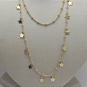 Colar duplo de bolinhas e estrelas em banho de ouro 18k