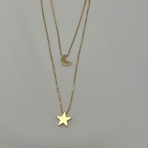 Colar duplo pingente de estrela e lua em banho de ouro 18k