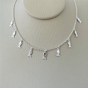 Colar com pingentes de peixes em banho de prata silver