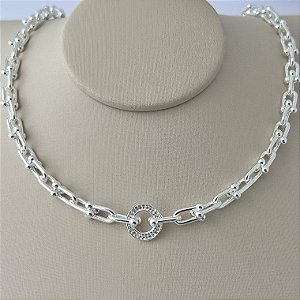 Colar inspiração Thifany pingente circulo central em banho de prata silver