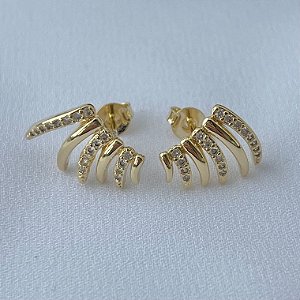 Brinco 6 tiras lisas e cravejadas em banho de ouro 18k