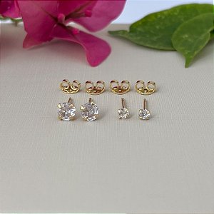 Dupla de brincos ponto de luz redondos pequenos em banho de ouro 18k