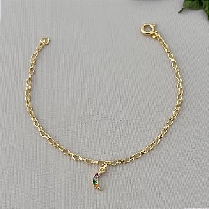 Pulseira infantil de lua cravejada colorida em banho de ouro 18k