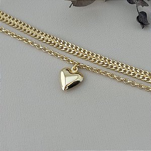 Pulseira dupla com pingente de coração abaloado em banho de ouro 18k