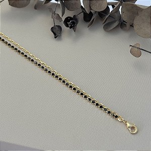 Pulseira dupla riviera e elos em banho de ouro 18k