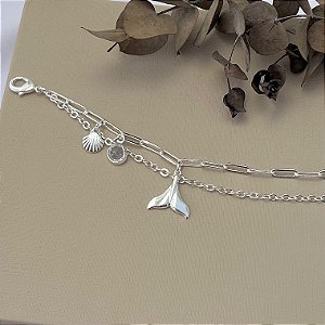 Pulseira rabo de sereia, concha e ponto de luz em banho de prata silver