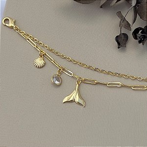 Pulseira rabo de sereia, concha e ponto de luz em banho de ouro 18k