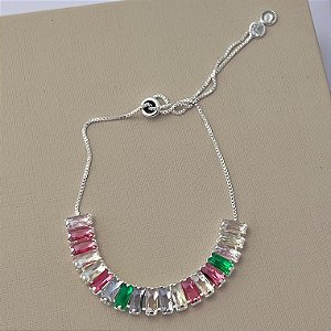 Pulseira de zircônias coloridas com fecho gravata em banho de prata silver