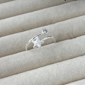 Anel aro 20,5 estrela do mar e ponto de luz em banho de prata silver