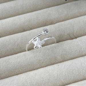 Anel aro 15,5 estrela do mar e ponto de luz em banho de prata silver