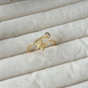 Anel aro 22 estrela do mar e ponto de luz em banho de ouro 18k