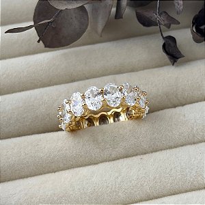 Anel aro 20 inteiro cravejado de zircônias ovais em banho de ouro 18k