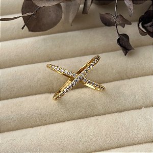 Anel aro 16,5 em X grande cravejado em banho de ouro 18k