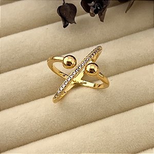 Anel aro 17 cravejado e bolas lisas em banho de ouro 18k