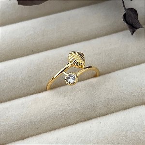 Anel aro 15 concha e ponto de luz em banho de ouro 18k
