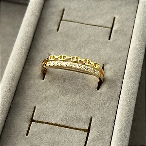 Anel aro 20 duas fileiras cravejada e elos corrente em banho de ouro 18k