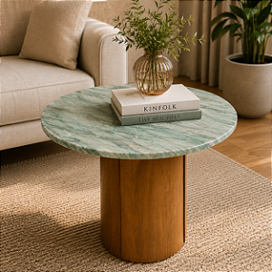 Mesa de Apoio em Quartzito com Base em Madeira