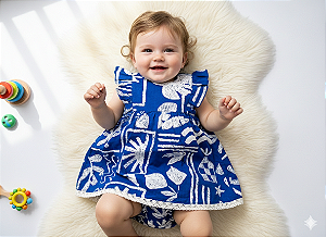 VESTIDO BEBE MUNDO CEU + TAPA FRALDA - ESTAMPA GIZ AZUL