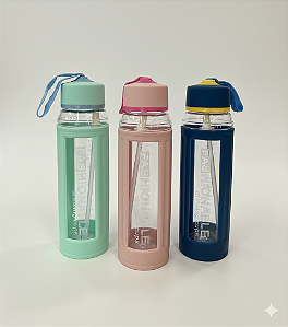 Kit 3 Garrafa Squeeze Fashion 620ml Com Alça e Capa de Proteção Silicone