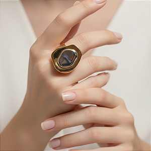 ANEL AJUSTAVEL OVAL ORGANICO DUPLO FOLHEADO A OURO 18K E RÓDIO