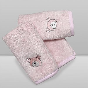 Kit Paninho de Boca Laço Bebê Babitas Bordado - Urso Rosa