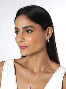 Conjunto de Colar e Brincos com Zircônias Redondas Cristais folheado em ródio branco