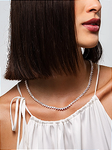 Colar Riviera de Coração folheado em ródio branco