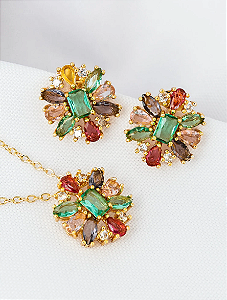 Conjunto de Colar e Brincos com Flor de Zircônias Coloridas e P