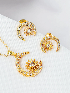 Conjunto de Colar e Brincos Meia-Lua e Sol Cravejados com Zircônias folheado em ouro 18k