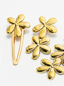 Kit com 3 Presilhas de Cabelo com Flores Alongadas douradas