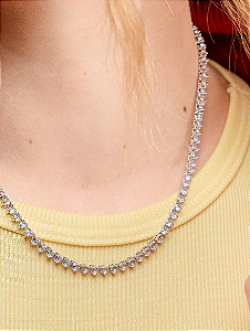 Colar Riviera com Zircônia Redonda Pequena com Três Pontas folheado em ródio branco