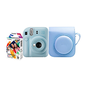 Kit Câmera Instantânea Fujifilm Instax Mini 12 Azul + Pack 10 filmes Spray Art + Bolsa Azul Candy