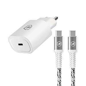 Fonte Carregador Turbo 25W Tipo C QC 3.0 + Cabo Nylon Kevlar Tipo C - Tipo C 1,5m Gshield Branco