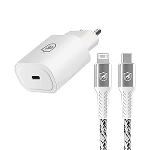 Fonte Carregador Turbo 25W Tipo C QC 3.0 + Cabo Nylon Kevlar Tipo C - Lightning 1,5m Gshield Branco