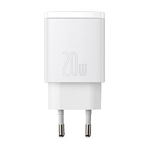 Fonte Carregador Baseus Compact Rápido Carregamento USB A e Tipo C 20W Branco