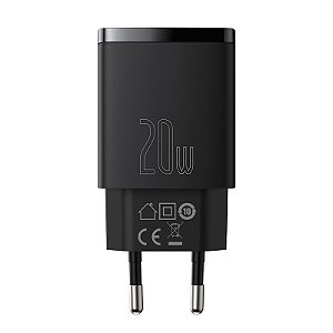 Fonte Carregador Baseus Compact Rápido Carregamento USB A e Tipo C 20W Preto