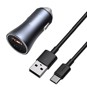 Carregador Veicular Baseus Duplo Turbo 40W USB-A e USB-C Com Cabo Tipo C