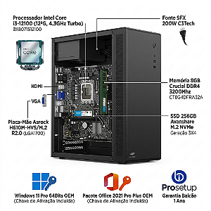 Computador Prosetup Intel i3 12100  12º Geração Mem DDR4 8GB HD SSD M.2 256GB Win 11 Pro + Office 2021 + Brnde